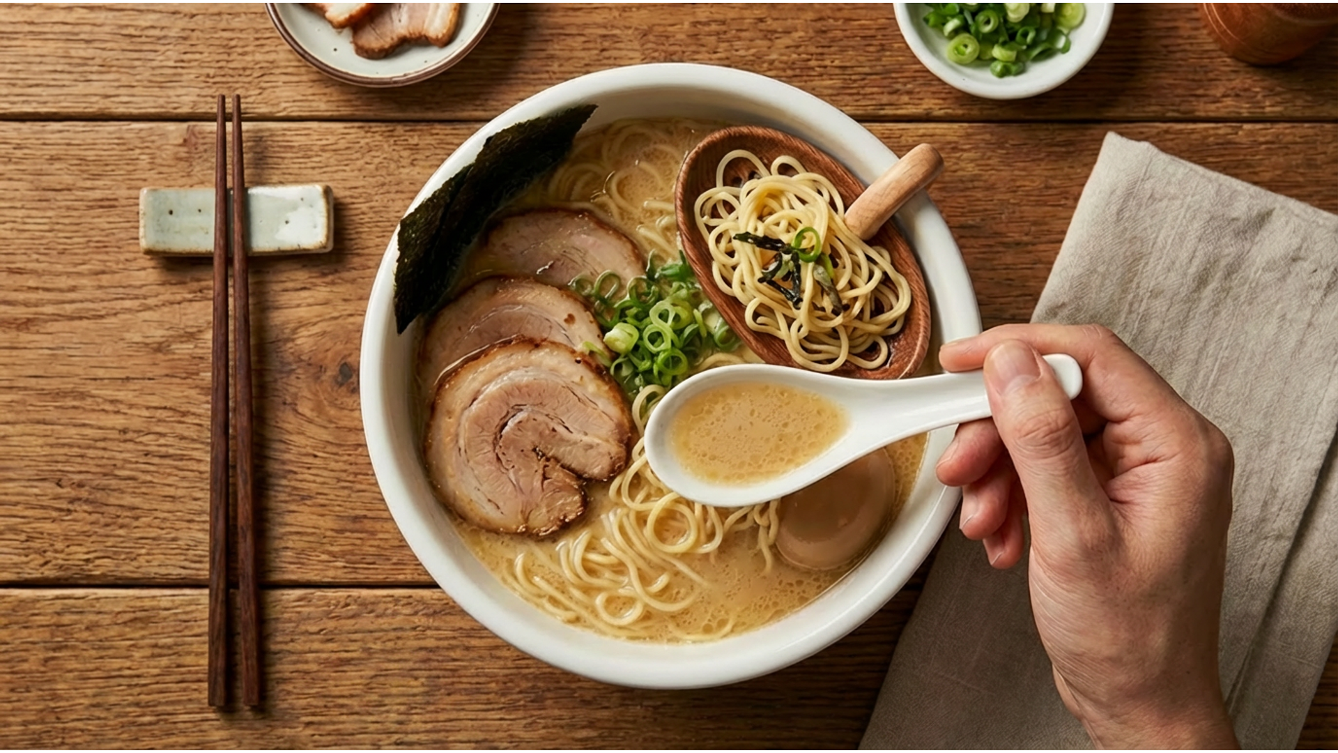 add chopsticks on the table on the left side. remove chopstick holder on bottom.