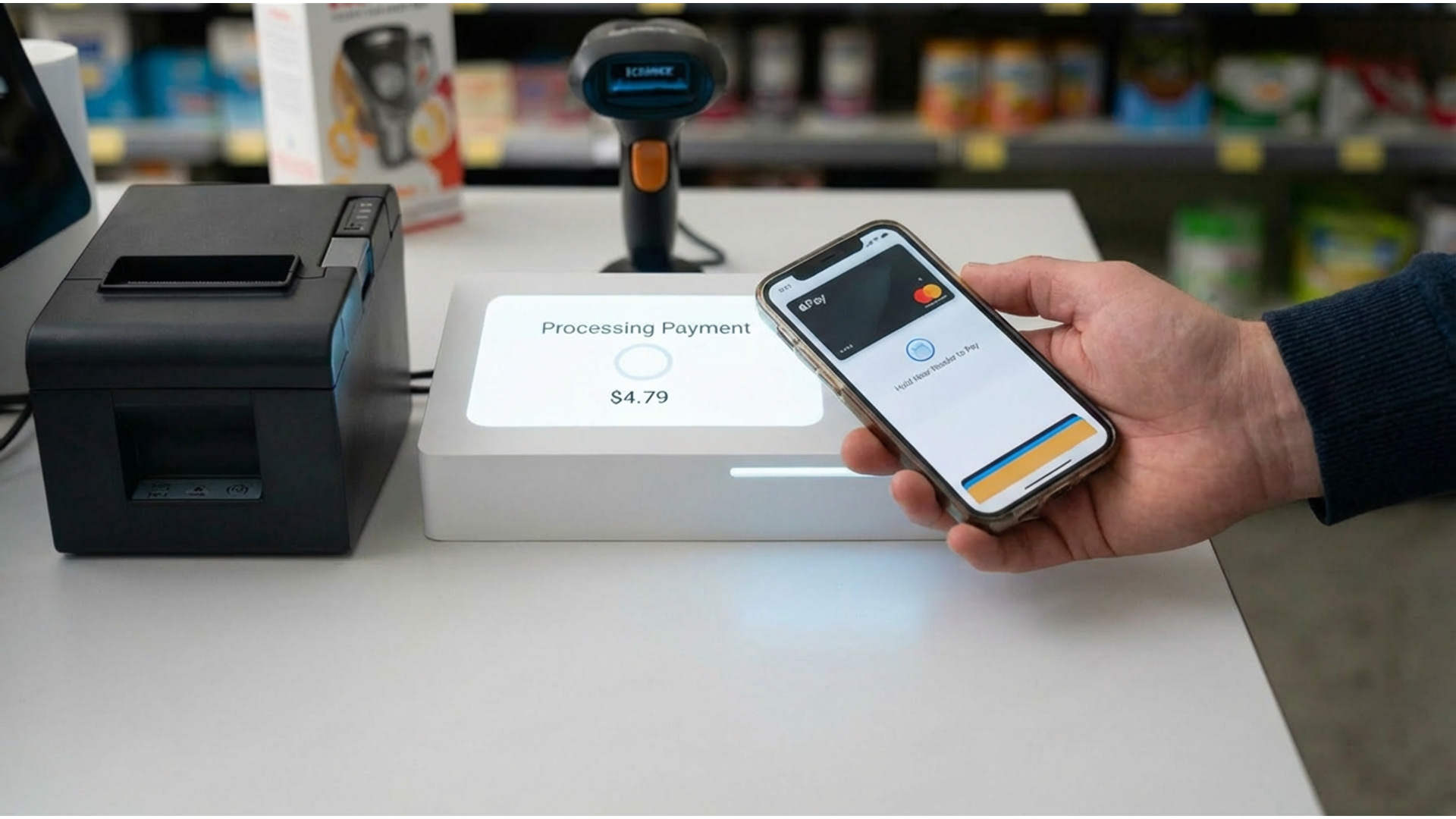 change card to a phone using apple pay. the hand is coming from the camera angle. change nothing else. change card to a phone using apple pay. the hand is coming from the camera angle. change nothing else.