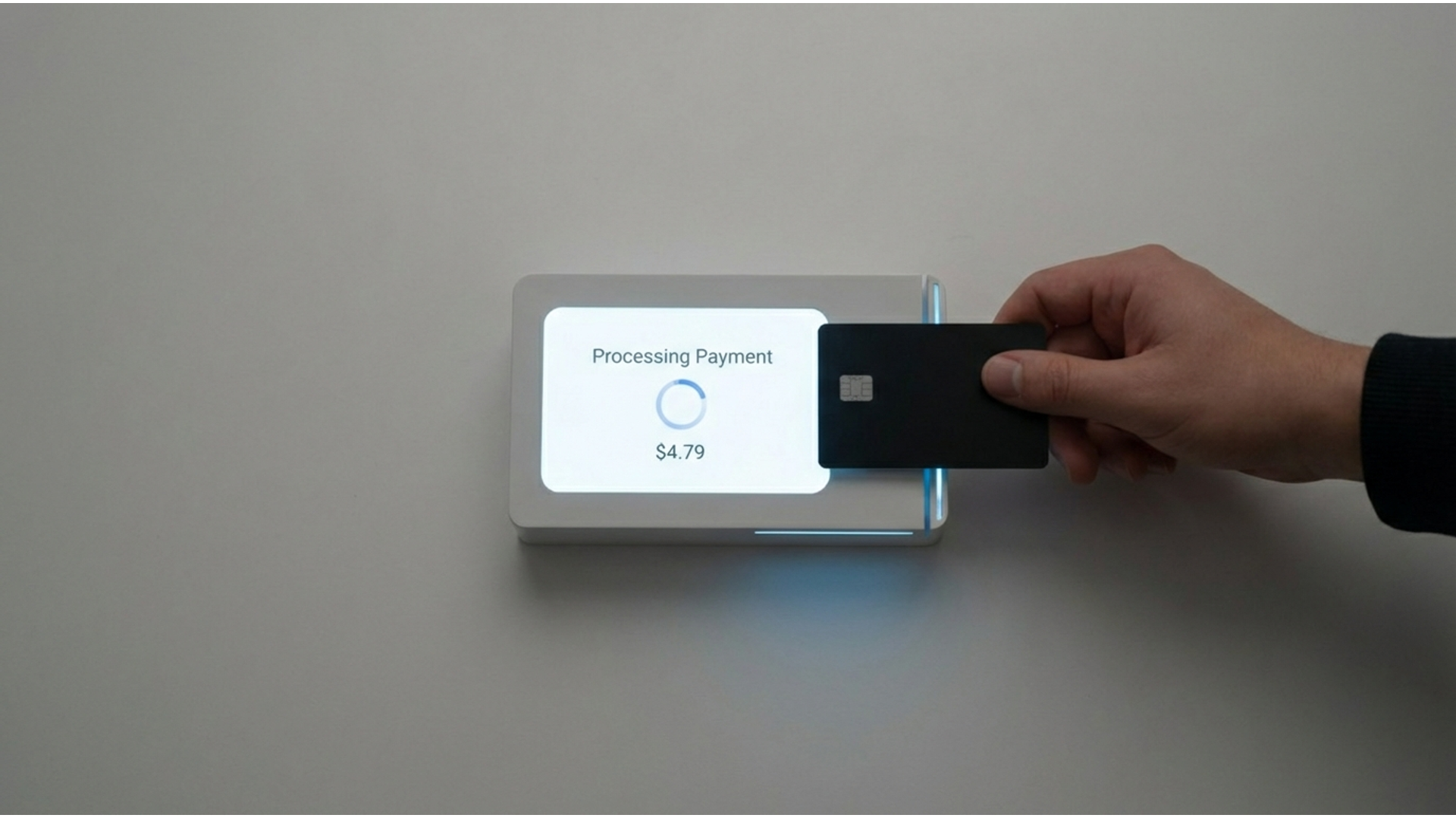 orient background to be parallel to the card reader and hand. keep form of card, hand, and card reader the exact same. orient background to be parallel to the card reader and hand. keep form of card, hand, and card reader the exact same.